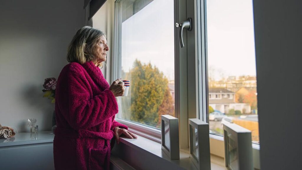 person alone looking out window 1295031439